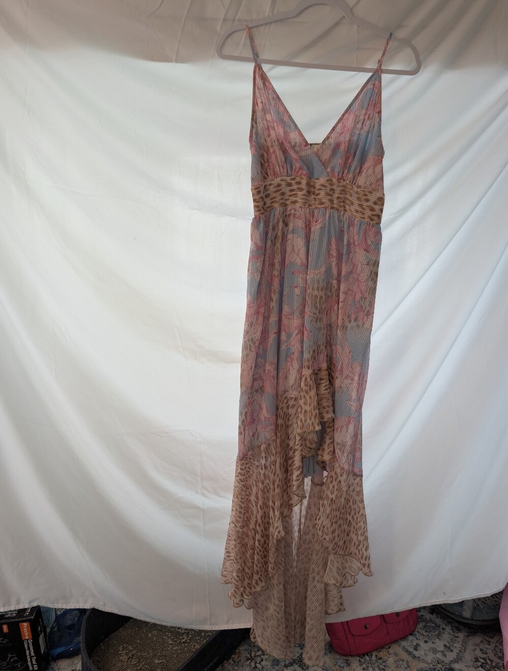 VENUS Pink and Blue Floral High-Low Maxi Dress with Leopard Waist